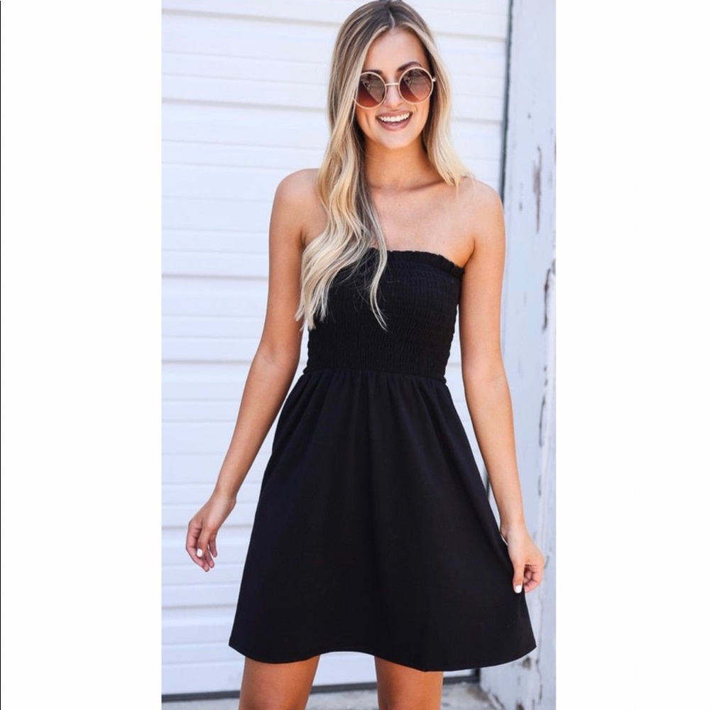 Black Strapless Smocked Sundress, S